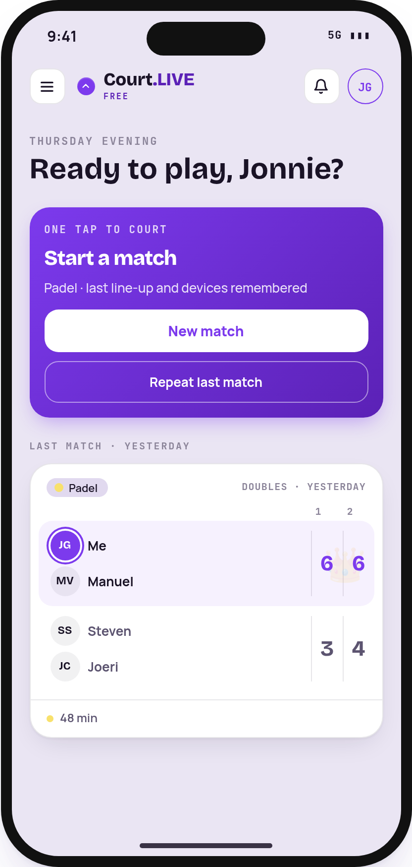 Start screen with New match and Repeat last match buttons, above the last match played